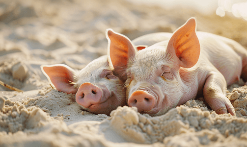 猪牲畜摄影照片_粉红色的猪在农场外面睡觉