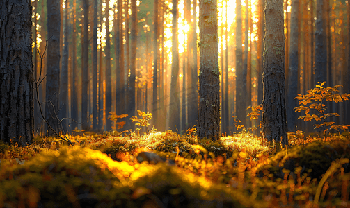 秋季针叶林森林地面上长满苔藓秋日阳光温暖