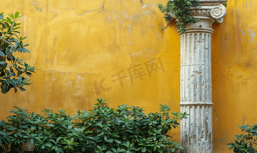 花卉背景墙摄影照片_希腊石柱周围植物镀金风格墙在背景墨西哥
