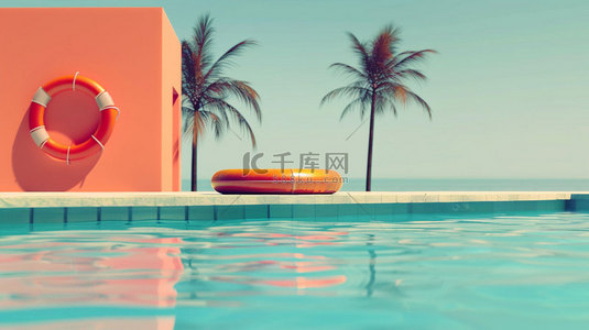 泳池素材背景图片_泳池椰树建筑合成创意素材背景
