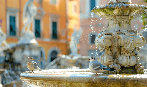 鸟儿栖息在海王星雕像喷泉上背景为古建筑