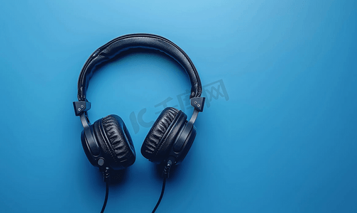 音乐聆听概念黑色耳机位于蓝色背景上