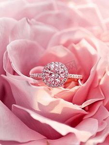 婚礼背景花瓣摄影照片_美丽的粉红色玫瑰花瓣背景上的珠宝钻戒