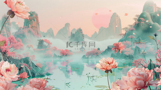 背景流水背景图片_桃花高山流水合成创意素材背景