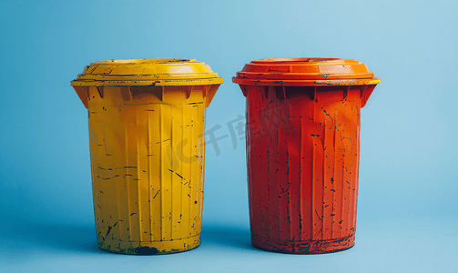 垃圾回收人物摄影照片_两个用旧汽车橡胶轮胎制成的彩色垃圾桶