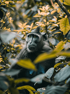 黑冠猕猴在森林里看着你