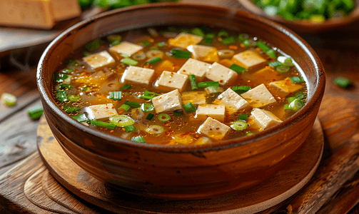 日式味噌汤配葱和豆腐块放在棕色碗里的木桌上
