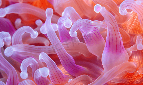 花的海洋摄影照片_粉色和橙色的海葵触手细节