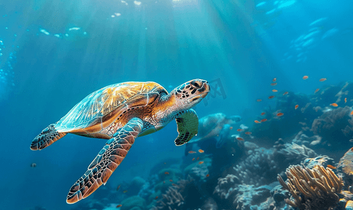 国标游泳池摄影照片_绿海龟肖像在深蓝色的海洋礁石中游泳