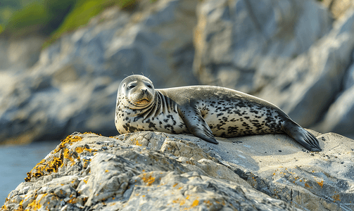 在岩石上摄影照片_一只海豹在岩石上休息
