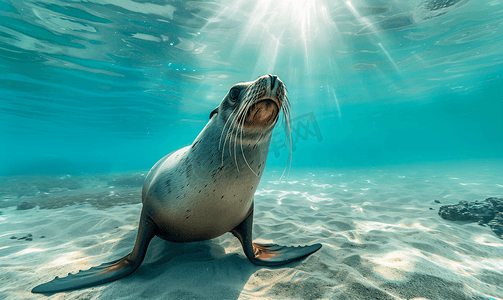 海狮海豹在水下撤离时潜水加拉帕戈斯群岛