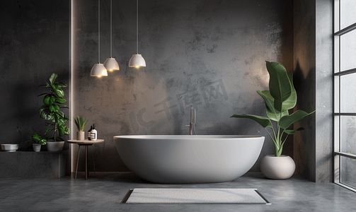 豪华墙壁摄影照片_宽敞的浴室采用灰色色调配有加热地板、独立浴缸