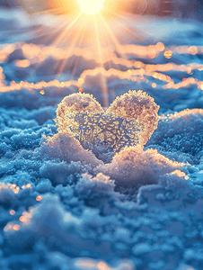 发光装饰星星摄影照片_冬季背景阳光下闪闪发光的雪花爱心的象征