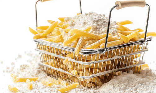 食品超市摄影照片_白色背景购物篮中的面食面粉产品购买食品的概念