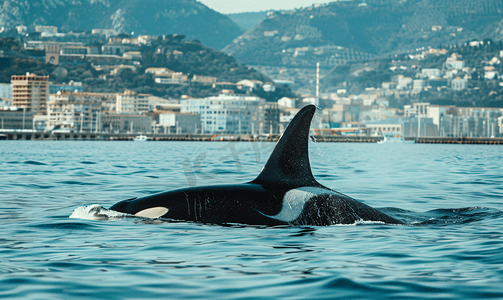 黎巴嫩国徽摄影照片_地中海热那亚港内有来自冰岛的虎鲸