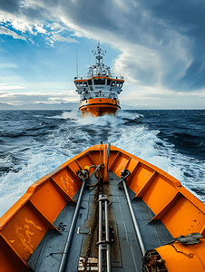 海洋生物边框摄影照片_冰岛一艘小型救生艇靠近一艘大型船只