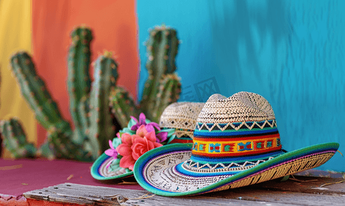 帽子剪贴画摄影照片_有仙人掌背景的传统墨西哥帽子