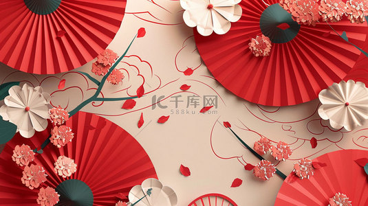 纸扇花背景背景图片_红色纸扇鲜花合成创意素材背景