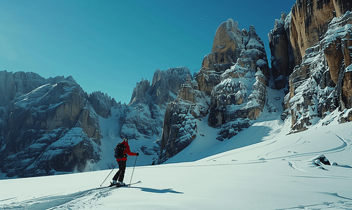 滑雪者摄影照片_滑雪者在多洛米蒂山加迪纳山谷雪山滑雪者