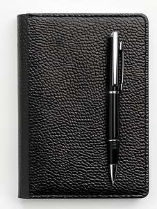 设计学院摄影照片_黑色皮革笔记本和白色钢笔