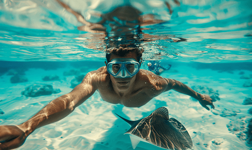 红黄水彩泼墨摄影照片_在法属波利尼西亚水下与黄貂鱼一起游泳