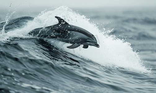 卡通海洋蓝色摄影照片_海豚在海浪上跳跃