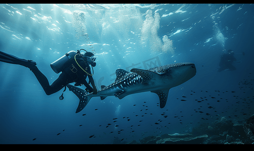 鲨鱼玩偶摄影照片_鲸鲨在深蓝色的海水中接近水肺潜水员似乎正在发起攻击