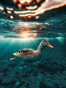 深蓝色框框摄影照片_在深蓝色的水中潜水时鸭子