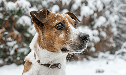赤胆忠诚摄影照片_冬日雪地公园背景中棕白短毛杂种狗