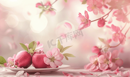 春天中摄影照片_模糊背景中盛开的粉红色苹果树花的早午餐