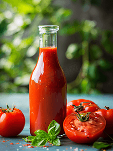 桌上放着自制番茄酱和熟番茄的玻璃瓶