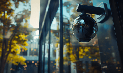 室外监控摄影照片_悬挂在建筑角落的街道室外球形摄像机