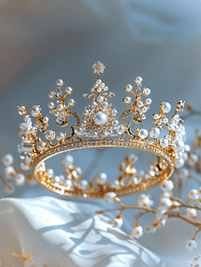 艾莎皇冠摄影照片_金色假珍珠皇冠模型