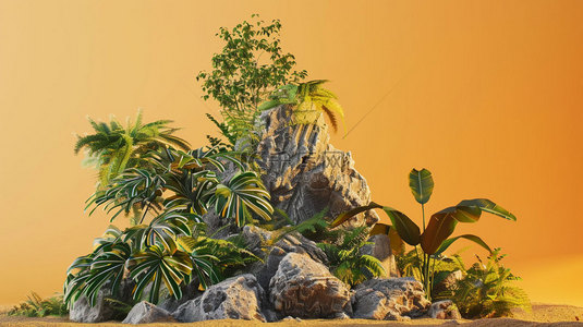 绿植吊藤背景图片_假山松树绿植合成创意素材背景