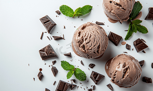 喷溅的巧克力液摄影照片_巧克力薄荷叶冰淇淋