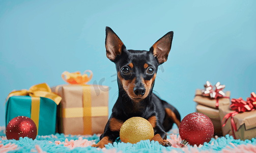 有趣的狗迷你杜宾犬在礼品盒周围玩圣诞球的肖像