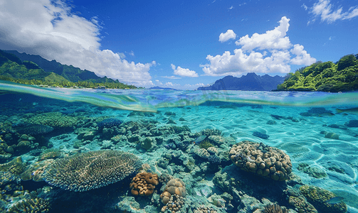 法属波利尼西亚碧绿的海水泻湖珊瑚花园浮潜