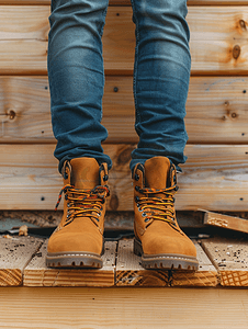 靴子摄影照片_穿棕色牛仔裤、橙色远足靴的男腿站在木工上