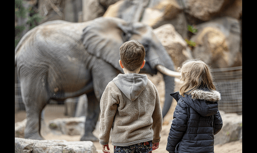 动物园里的孩子们看着大象