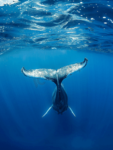 沉没摄影照片_巨大的座头鲸背部和尾巴在蓝色的波利尼西亚海中沉没
