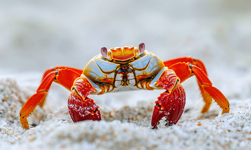 白色螃蟹卡通摄影照片_一只红色小螃蟹其壳在白沙上行走特写