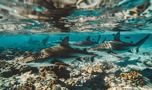一起看看表情包摄影照片_在法属波利尼西亚与鲨鱼一起在水下游泳