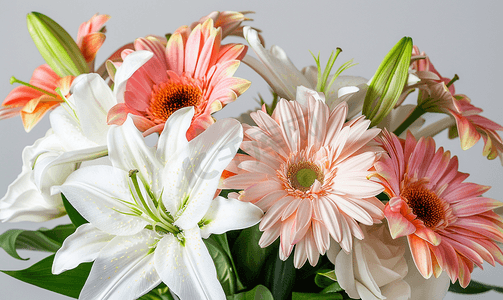 植物花卉摄影照片_白百合绽放在非洲菊鲜花花束中