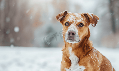 冬日雪地公园背景中棕白短毛杂种狗
