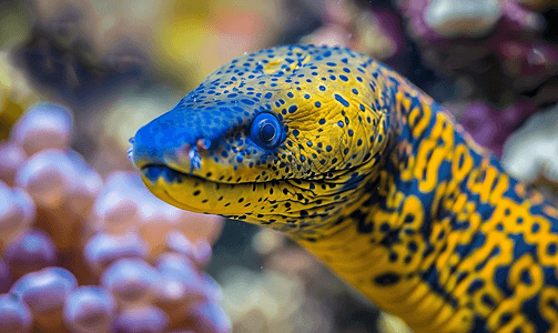 马来西亚西巴丹婆罗洲的黄色和蓝色鳗鱼海鳗