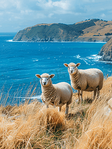 蓝色大海和草崖背景上的两只羊