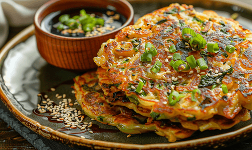 海鲜肉类摄影照片_自制韩式葱姜煎饼配蘸酱和芝麻