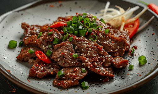 传统韩国烤肉菜薄切烤牛肉正面图