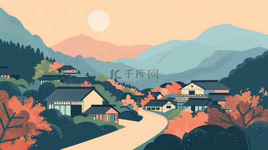 红日远山村落合成创意素材背景