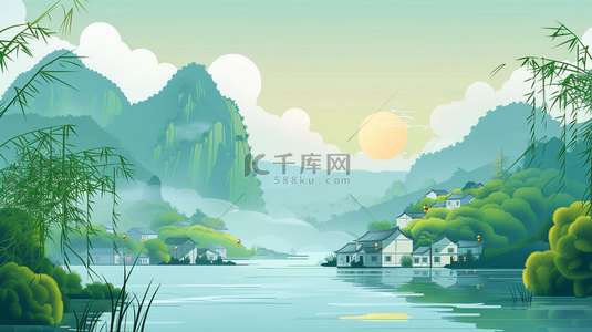 草地太阳河流合成创意素材背景